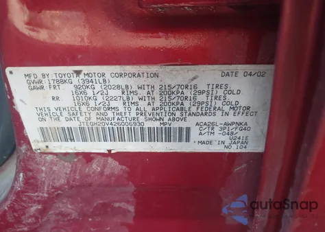 2002 Toyota Rav4 из США, поврежденный, VIN JTEGH20V426006930